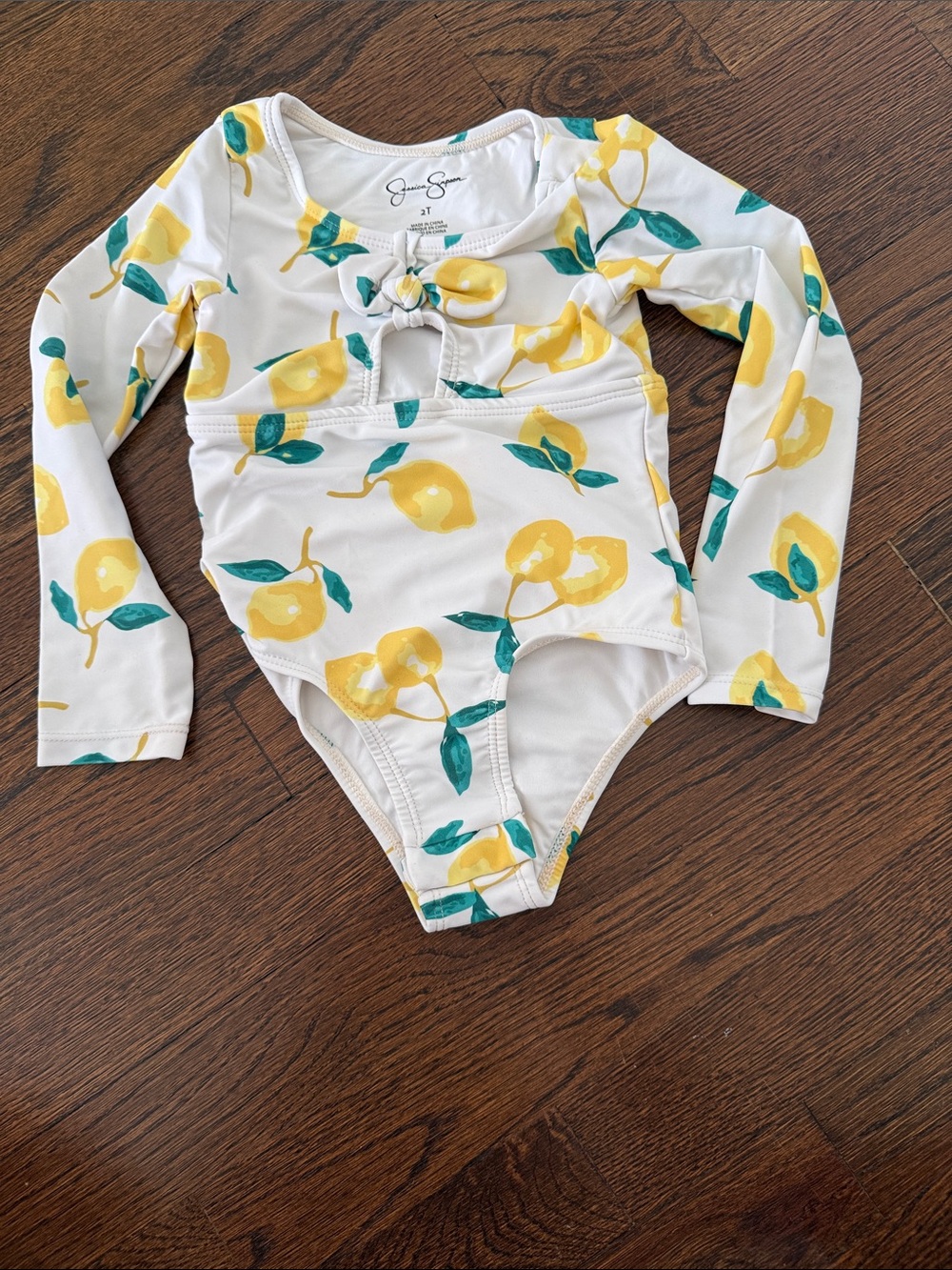 Jessica Simpson Girls White Lemon Print Long Sleeve One-Piece Swimsuit